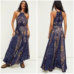 Free People Shangri-La Jumpsuit Wide Leg Mixed Print Blue Size 2